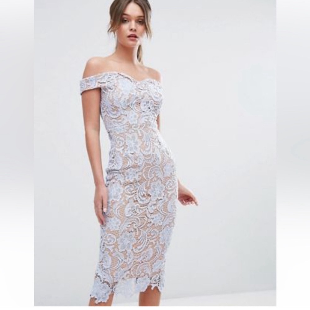 Lace Off The Shoulder Midi Pencil Dress
